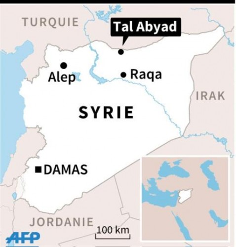 Localisation de la ville de Tal Abyad, à la frontière turque, où des milliers de Syriens fuient les combats