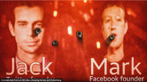 crédits/photos : CAPTURE Capture d'écran d'une vidéo de l'Etat islamique montrant Jack Dorsey et Mark Zuckerberg, les fondateurs de Twitter et Facebook