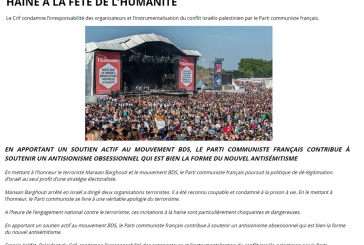 Communiqué du Crif: Incitation à la haine à la fête de l’Humanité. Le nouvel antisémitisme