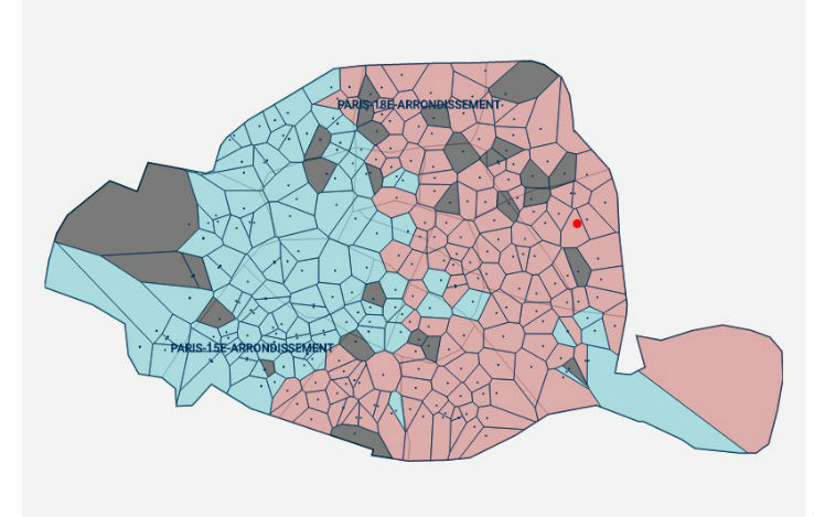 La carte du vote au premier tour de la primaire de la droite : Juppé en rose, Fillon en bleu