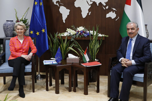 President of the European Commission Ursula von der Leyen meets with Palestinian Prime Minister Mohammad Shtayyeh, in Ramallah, West Bank, Tuesday, June 14, 2022. Von der Leyen is on a two-day official visit to Israel and the Palestinian territories. (Atef Safadi via AP)