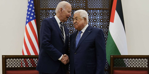 Palestinian President Mahmoud Abbas and U.S. President Joe Biden shake hands in the West Bank town of Bethlehem, Friday, July 15, 2022. (AP Photo/Evan Vucci)