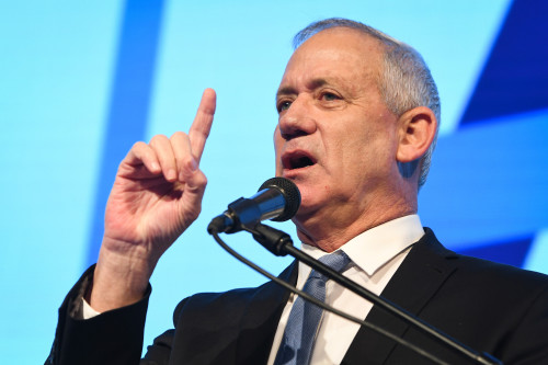 Blue and White party chairman Benny Gantz speaks during the Israel Social Cohesion Summit in Airport City on November 5, 2019. Photo by Avshalom Shoshoni/Flash90 *** Local Caption *** כחול לבן יו"ר בני גנץ בית מדבר  תקשורת כנס ועידת ישראל ללכידות חברתית