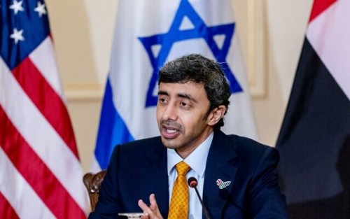 United Arab Emirates Foreign Minister Sheikh Abdullah bin Zayed al-Nahyan speaks during a joint news conference at the State Department in Washington, on October 13, 2021. (Photo by Andrew Harnik / POOL / AFP)