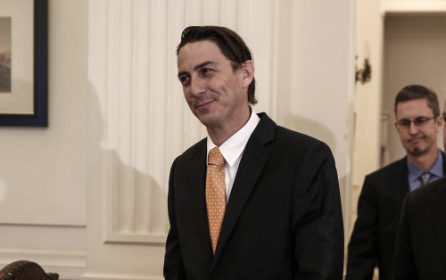 Amos Hochstein, centre, U.S. State Department Special Envoy for International Energy Affairs, is escorted by U.S. Ambassador to Athens David D. Pearce, second right, as they arrive for a meeting with Greek Foreign Minster Nikos Kotzias in Athens, Greece, on Friday, May 8, 2015. Hochstein is in Athens to hold talks with government officials over energy issues. (AP Photo/Yorgos Karahalis)