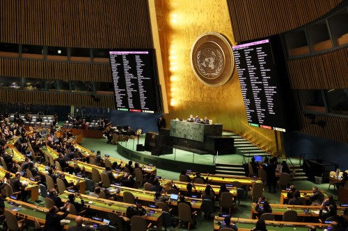 NEW YORK, NEW YORK - MARCH 02: Members of the General Assembly vote on a resolution during a special session of the General Assembly at the United Nations headquarters on March 02, 2022 in New York City. The U.N. General Assembly continued its 11th Emergency Special Session where a vote was held on a draft resolution to condemn Russia over the invasion of Ukraine. Since the start of the war seven days ago, there have been over 600,000 people who have been displaced in Ukraine according to the U.N. refugee agency. Ukraines State Emergency Service have said that more than 2,000 civilians have been killed. Michael M. Santiago/Getty Images/AFP (Photo by Michael M. Santiago / GETTY IMAGES NORTH AMERICA / Getty Images via AFP)