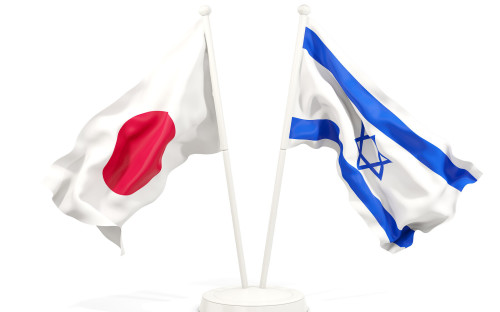 Two waving flags of Japan and israel isolated on white. 3D illustration