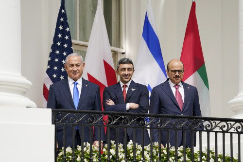 Israeli Prime Minister Benjamin Netanyahu, United Arab Emirates Foreign Minister Abdullah bin Zayed al-NahyanAbraham and Bahrain Foreign Minister Khalid bin Ahmed Al Khalifa, stand on the Blue Room Balcony during the Abraham Accords signing ceremony on the South Lawn of the White House, Tuesday, Sept. 15, 2020, in Washington. (AP Photo/Alex Brandon)