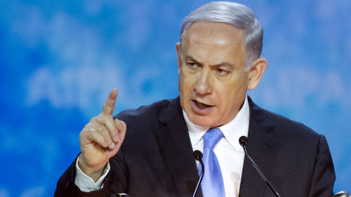 Israeli Prime Minister Benjamin Netanyahu gestures while addressing the 2015 American Israel Public Affairs Committee (AIPAC) Policy Conference in Washington, D.C. on Monday.
