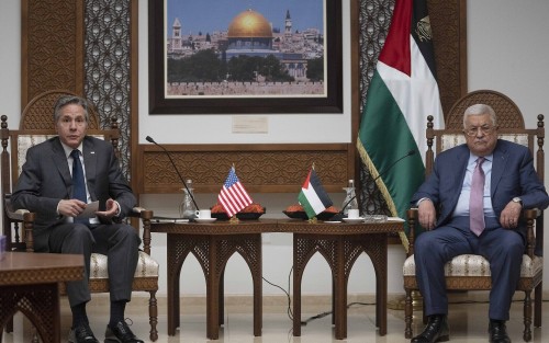 Palestinian President Mahmoud Abbas, right and U.S. Secretary of State Antony Blinken deliver a joint statement following their meeting at the West Bank city of Ramallah, Sunday, March 27, 2022. (AP Photo/Nasser Nasser)