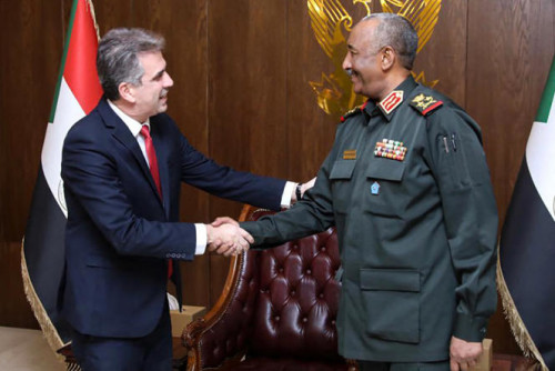 A handout picture released by the Sovereign Council of Sudan, shows Sudan's army chief Abdel Fattah al-Burhan (R) receiving Israeli Foreign Minister Eli Cohen in the capital Khartoum, on February 2, 2023. In the first official visit by a top Israeli diplomat, the pair discussed "ways to establish fruitful relations" between the two countries and "prospects of cooperation" in security, agriculture, energy, health, water and education, according to a statement by Sudan's sovereign council.  - === RESTRICTED TO EDITORIAL USE - MANDATORY CREDIT "AFP PHOTO / HO / SOUVEREIGN COUNCIL OF SUDAN," - NO MARKETING NO ADVERTISING CAMPAIGNS - DISTRIBUTED AS A SERVICE TO CLIENTS ===  (Photo by SOUVEREIGN COUNCIL OF SUDAN / AFP) / === RESTRICTED TO EDITORIAL USE - MANDATORY CREDIT "AFP PHOTO / HO / SOUVEREIGN COUNCIL OF SUDAN," - NO MARKETING NO ADVERTISING CAMPAIGNS - DISTRIBUTED AS A SERVICE TO CLIENTS ===
