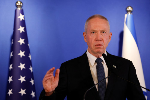 Israeli Defence Minister Yoav Gallant attends a news conference with U.S. Secretary of Defense Lloyd Austin at Ben Gurion Airport in Lod, Israel, March 9, 2023. REUTERS/Amir Cohen