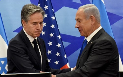 US Secretary of State Antony Blinken (L) greets Israeli Prime Minister Benjamin Netanyahu following a joint press conference, on January 30, 2023 in Jerusalem. (Photo by DEBBIE HILL / POOL / AFP)