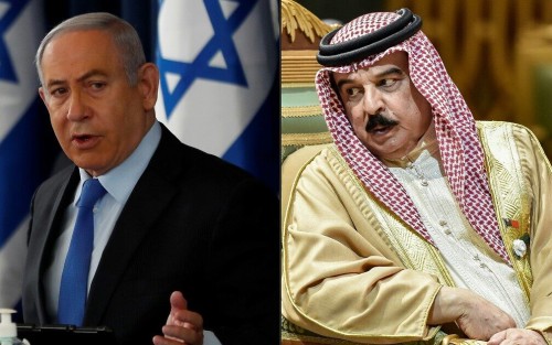 (COMBO) This combination of pictures created on September 11, 2020 shows (L) Israeli Prime Minister Benjamin Netanyahu chairing the weekly cabinet meeting in Jerusalem on June 28, 2020, and (R) King Hamad bin Isa Al Khalifa of Bahrain, speaking with another delegate during the 40th Gulf Cooperation Council (GCC) summit held at the Saudi capital Riyadh on December 10, 2019. - US President Donald Trump announced on September 11, 2020 a "peace deal" between Israel and Bahrain, which becomes the second Arab country to settle with its former foe in just the last few weeks. (Photos by RONEN ZVULUN and Fayez Nureldine / various sources / AFP)