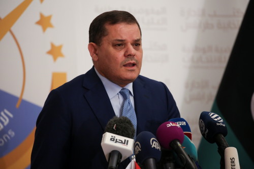 FILE PHOTO: Libyan Prime Minister Abdulhamid al-Dbeibah speaks after submitting his candidacy papers for the upcoming presidential election at the headquarters of the electoral commission in Tripoli, Libya November 21, 2021. REUTERS/Hazem Ahmed/File Photo
