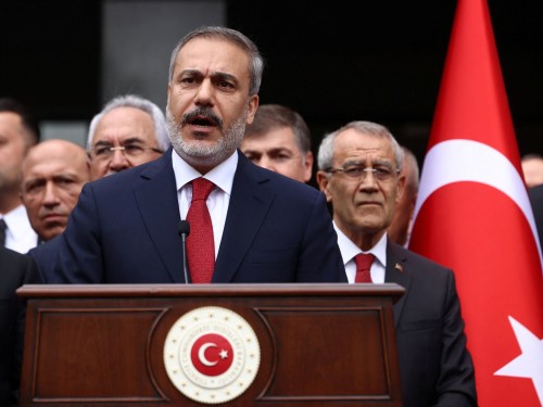Turkey's newly appointed Foreign Minister Hakan Fidan speaks during a handover ceremony in Ankara, Turkey June 5, 2023. REUTERS/Cagla Gurdogan