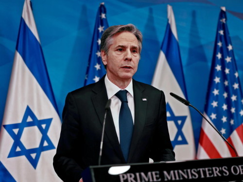 U.S. Secretary of State Antony Blinken speaks during a joint news conference with Israeli Prime Minister Benjamin Netanyahu in Jerusalem, May 25, 2021. Menahem Kahana/Pool via REUTERS REFILE - CORRECTING SPELLING OF FIRST NAME