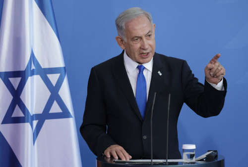 BERLIN, GERMANY - MARCH 16: Israeli Prime Minister Benjamin Netanyahu and German Chancellor Olaf Scholz (not pictured) speak to the media following talks at the Chancellery on March 16, 2023 in Berlin, Germany. Netanyahu's one-day visit to Berlin is being accompanied by protests, including both by people angry over Israel’s policies towards Palestinians as well as those critical of possible new legislation in Israel supported by Netanyahu that would undermine the independence and the power of Israel's Supreme Court, effectively curtailing democracy in Israel.  (Photo by Sean Gallup/Getty Images)