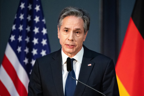 BERLIN, GEMANY - JANUARY 20: Antony Blinken, US Secretary of State, speaks at a joint event organized by the German Marshall Fund, the American Council on Germany, the Atlantic Bridge and the Aspen Institute at the Berlin-Brandenburg Academy of Sciences on January 20, 2022 in Berlin, Germany. (Photo by Bernd Von Jutrczenka - Pool/Getty Images)