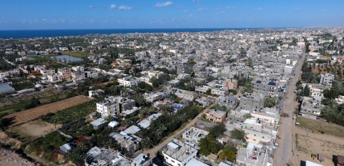 This picture taken on January 16, 2021, shows an aerial view of the Deir al-Balah refugee camp in the central Gaza Strip, during a complete closure amid the spread of the Coronavirus COVID-19. In the Sixth week after the Ministry of Interior in Gaza City announced the comprehensive closure on Friday and Saturday of every week after the increase in cases infected with Coronavirus. Photo by Ashraf Amra//APAIMAGES_12030058/2101171216/Credit:APAIMAGES/SIPA/2101171225