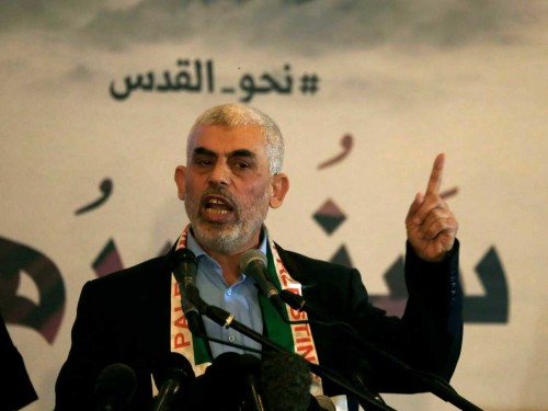 Hamas' leader in the Gaza Strip Yahya Sinwar speaks during a press conference for Quds (Jerusalem) day in Gaza City on 30 May 2019. The "Quds day" (the day of Jerusalem), a commemoration first initiated by Iran in 1979 to fall on the last Friday of the holy month of Ramadan expresses support for displaced Palestinians and against the presence of Jewish settlements in Israeli-occupied territories. (Photo by MOHAMMED ABED / AFP) (Photo by MOHAMMED ABED/AFP via Getty Images)