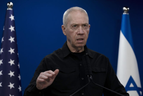 Israel Minister of Defense Yoav Gallant makes a joint statement with his U.S. counterpart, Secretary of Defense Lloyd Austin, after their meeting about Israel's military operation in Gaza, in Tel Aviv, Israel, Monday, Dec. 18, 2023. (AP photo/ Maya Alleruzzo)