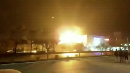Eyewitness footage shows what is said to be the moment of an explosion at a military industry factory in Isfahan, Iran, January 29, 2023, in this still image obtained from a video. Pool via WANA (West Asia News Agency) via REUTERS