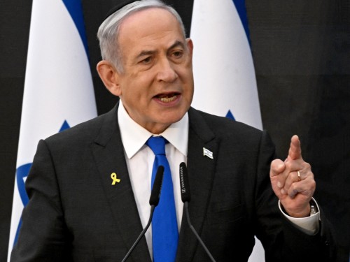 Israeli Prime Minister Benjamin Netanyahu gives a speech during a ceremony on the eve of the Memorial Day for fallen soldiers (Yom HaZikaron), at the Yad LaBanim Memorial in Jerusalem on May 12, 2024. (Photo by DEBBIE HILL / POOL / AFP) (Photo by DEBBIE HILL/POOL/AFP via Getty Images)