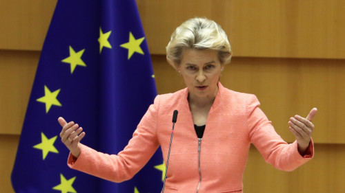 European Commission President Ursula von der Leyen addresses her first State of the European Union speech during a plenary session of the European Parliament as the coronavirus disease (COVID-19) outbreak continues, in Brussels, Belgium September 16, 2020. REUTERS/Yves Herman - RC2JZI9TDAT4