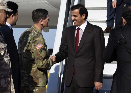 His Highness, Tamim bin Hamad al-Thani, the Amir of Qatar, shakes hands with U.S. Army Gen. Joseph Votel, commander, U.S. Central Command, upon arriving at MacDill Air Force Base. Tamim bin Hamad al-Thani met Votel to discuss military issues of interest to both nations. (U.S. Air Force photo by TSgt. Dana Flamer)