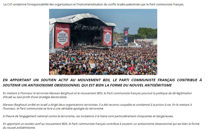 Communiqué du Crif: Incitation à la haine à la fête de l’Humanité. Le nouvel antisémitisme